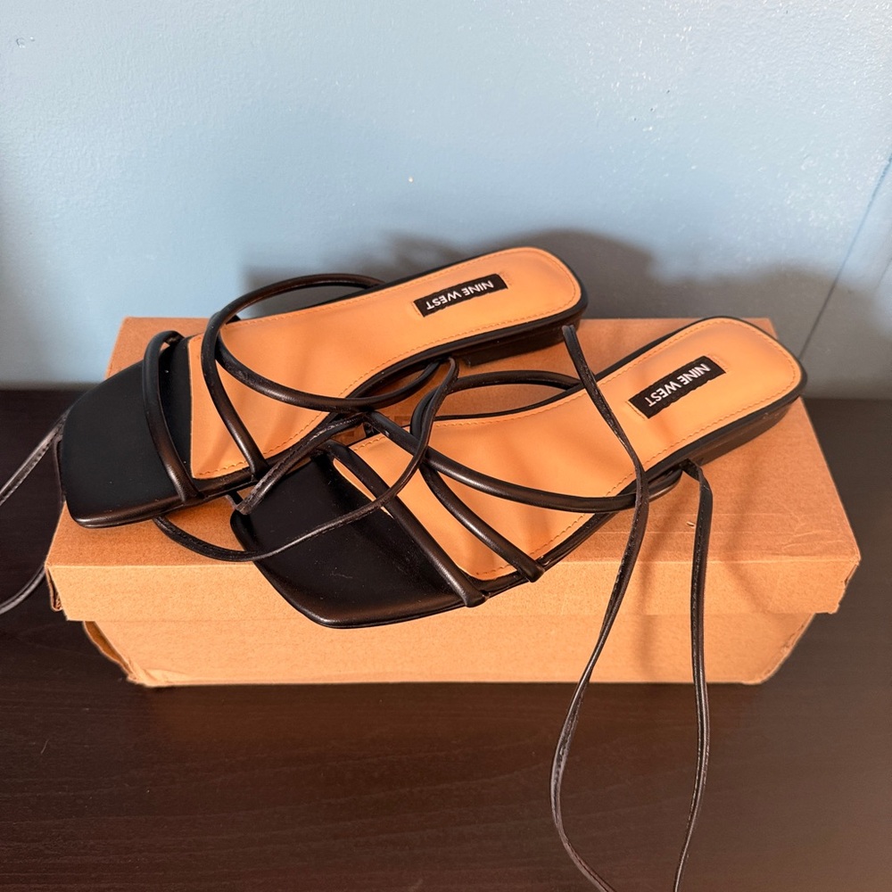 Nine West strappy black lace up square toe sandals